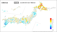 今日の最低気温平年差の分布図
