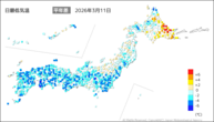11日の最低気温平年差の分布図