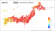今日の最低気温平年差の分布図