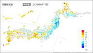 17日の最低気温平年差の分布図