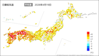 19日の最低気温平年差の分布図
