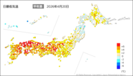 20日の最低気温平年差の分布図