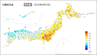 25日の最低気温平年差の分布図