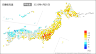 今日の最低気温平年差の分布図