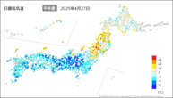 27日の最低気温平年差の分布図