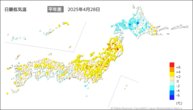 28日の最低気温平年差の分布図
