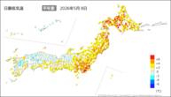 8日の最低気温平年差の分布図