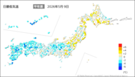 9日の最低気温平年差の分布図