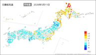 11日の最低気温平年差の分布図