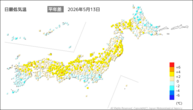 昨日の最低気温平年差の分布図