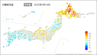 14日の最低気温平年差の分布図