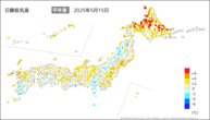 15日の最低気温平年差の分布図