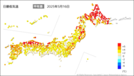 16日の最低気温平年差の分布図