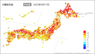 17日の最低気温平年差の分布図