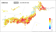 18日の最低気温平年差の分布図