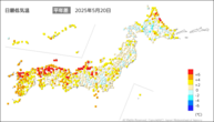 昨日の最低気温平年差の分布図