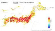 今日の最低気温平年差の分布図