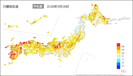 昨日の最低気温平年差の分布図