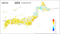 31日の最低気温平年差の分布図