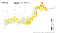 7日の最低気温平年差の分布図