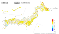 8日の最低気温平年差の分布図