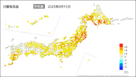 今日の最低気温平年差の分布図