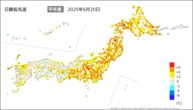 19日の最低気温平年差の分布図