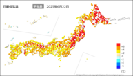 21日の最低気温平年差の分布図