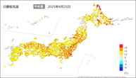昨日の最低気温平年差の分布図