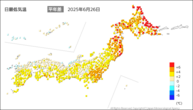 今日の最低気温平年差の分布図