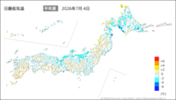4日の最低気温平年差の分布図