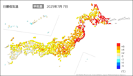 7日の最低気温平年差の分布図