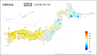 昨日の最低気温平年差の分布図