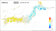 13日の最低気温平年差の分布図