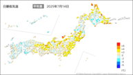 14日の最低気温平年差の分布図