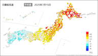 15日の最低気温平年差の分布図