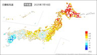 16日の最低気温平年差の分布図