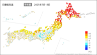 昨日の最低気温平年差の分布図