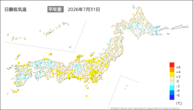 昨日の最低気温平年差の分布図