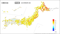 4日の最低気温平年差の分布図