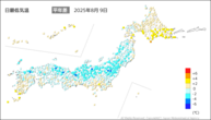昨日の最低気温平年差の分布図