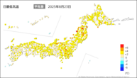 23日の最低気温平年差の分布図
