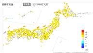 昨日の最低気温平年差の分布図