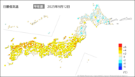 12日の最低気温平年差の分布図