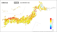 13日の最低気温平年差の分布図