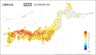 14日の最低気温平年差の分布図