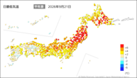 21日の最低気温平年差の分布図
