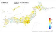 30日の最低気温平年差の分布図