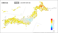 3日の最低気温平年差の分布図