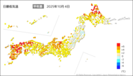 4日の最低気温平年差の分布図